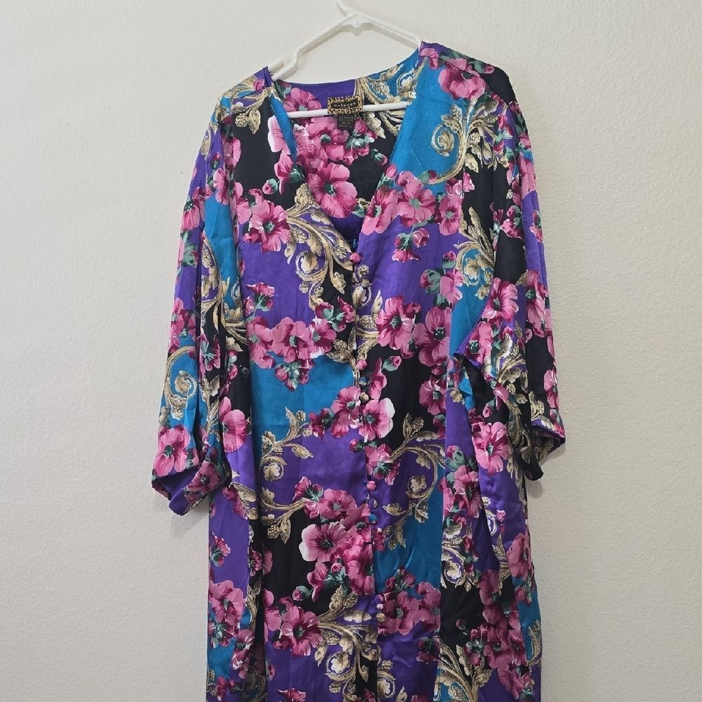 Solange Satin Vintage Dress with Pink‎ and Green Floral Design 26/28